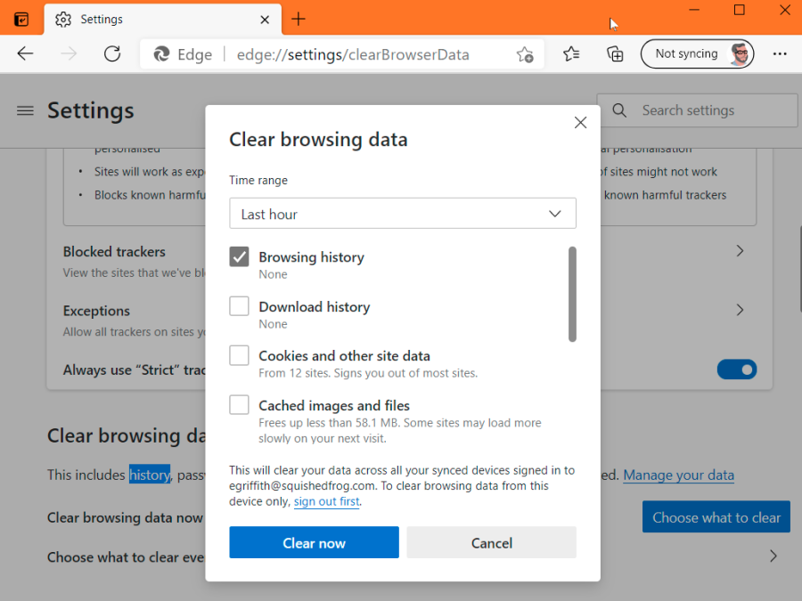 Clearing the browsing data