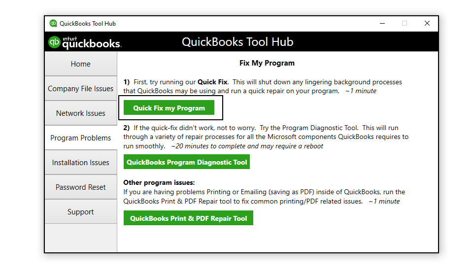 Downloading and running QuickBooks Fix my program