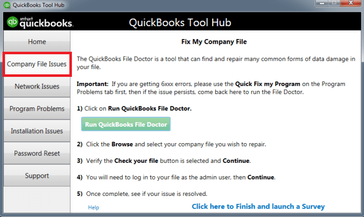 Repairing using QuickBooks file doctor tool 