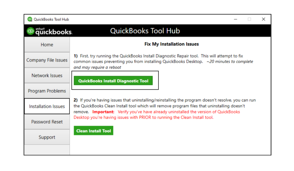 Using QuickBooks install Diagnostic tool