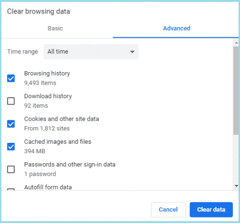 Step 3: Clearing the cache and history of the browser
