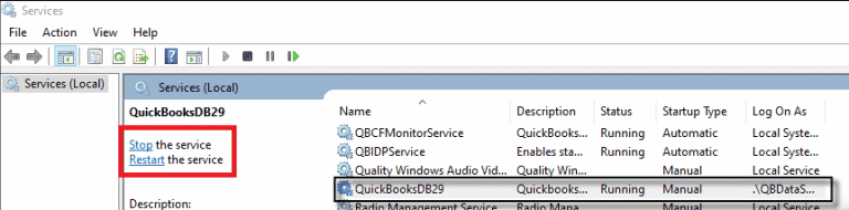Restarting the QuickBooks Database server Manager Service step 2