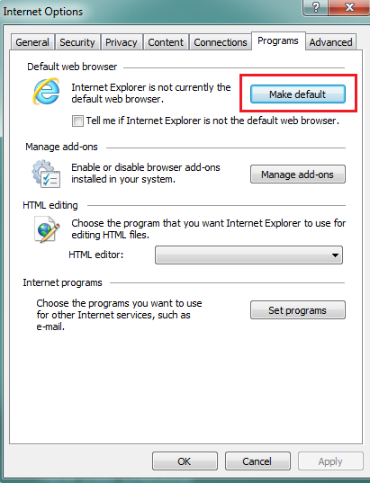 Setting internet explorer default browser