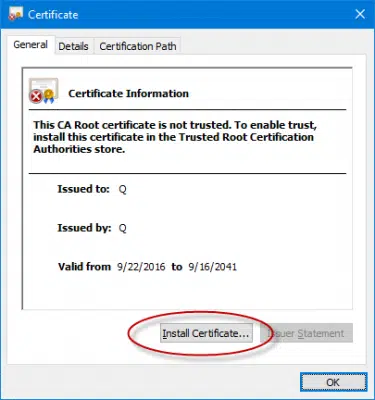 certificate option screenshot