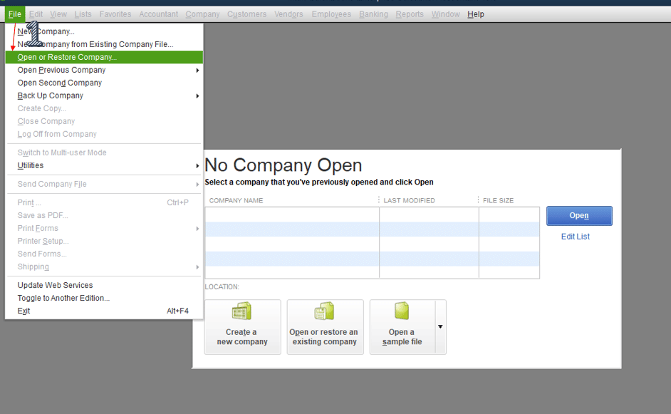 Select open or restore company option screenshot