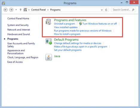 Select Programs and Features screenshot