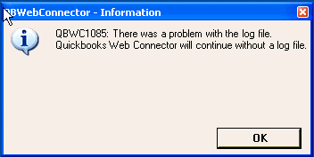 QUICKBOOKS Web Connector Error QBWC1085 screenshot