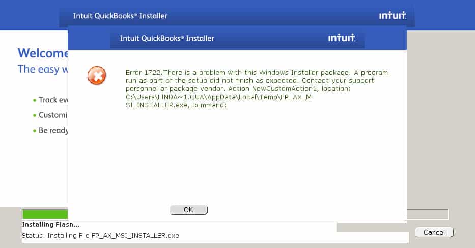 QuickBooks Error code 1722 screenshot