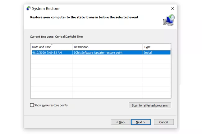 system restore option screenshot