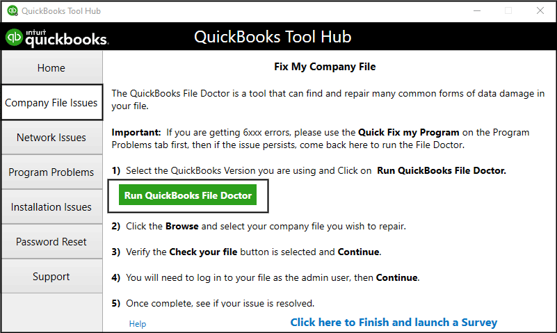 Running QuickBooks file doctor tool