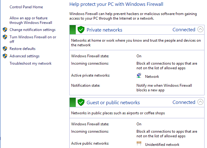 Changing the firewall settings